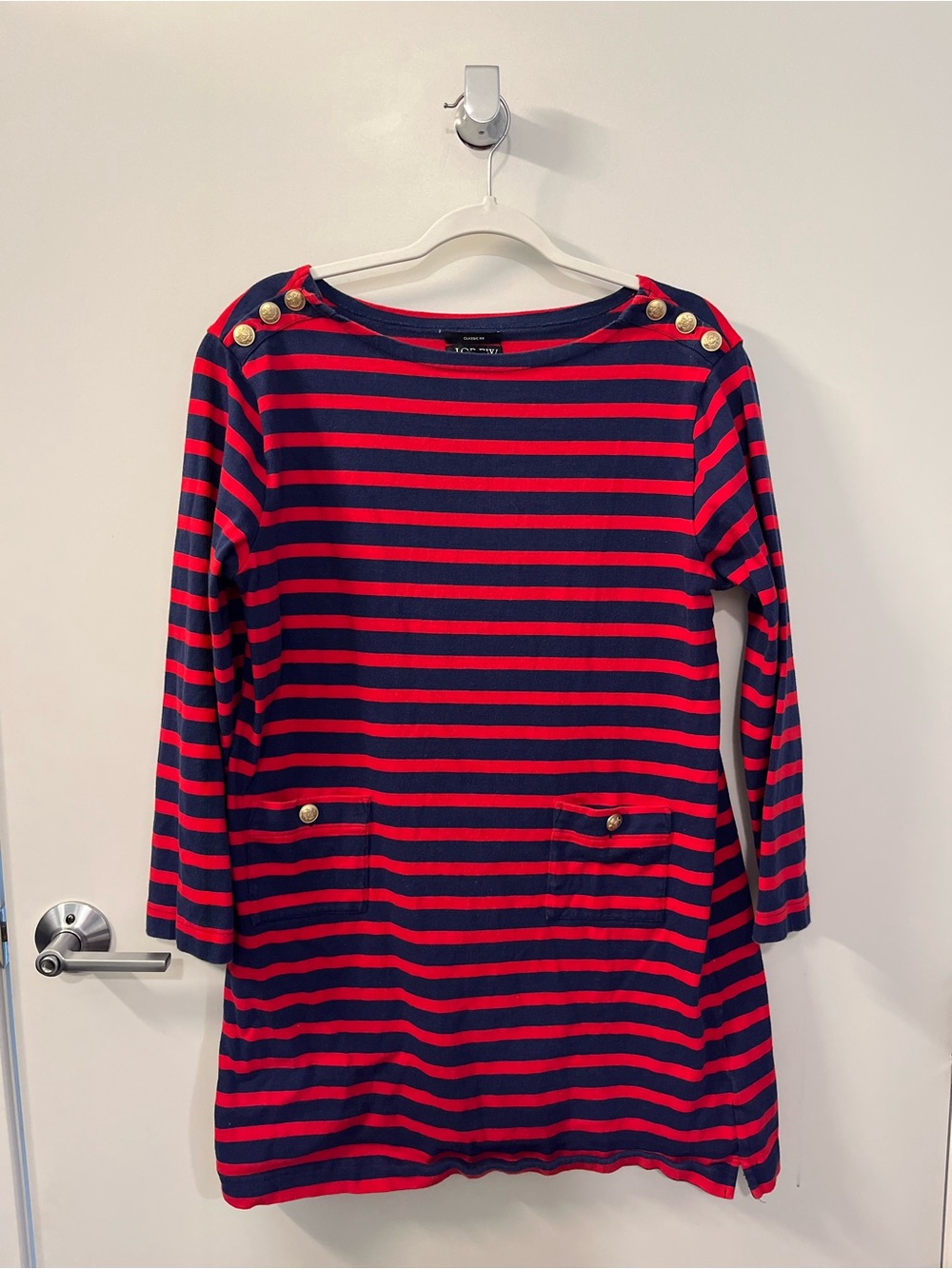 J. Crew Mariner Cloth Shirtdress with Gold Buttons in Red/Navy: Size Large (L)